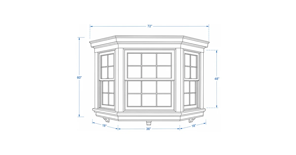 Architectural plan-view line drawing of an angled bay window with three glass panels.