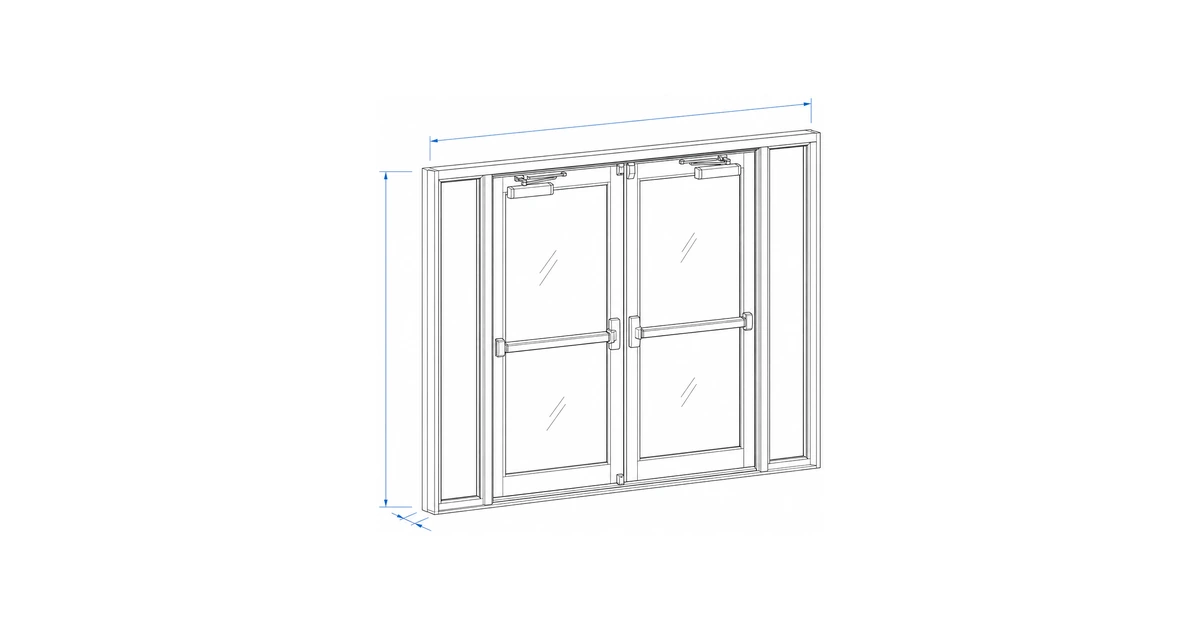 Architectural line drawing of an aluminum-framed commercial glass entry door with panic hardware.