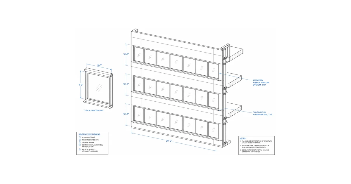 Architectural elevation line drawing of a commercial building window wall with aluminum framing.