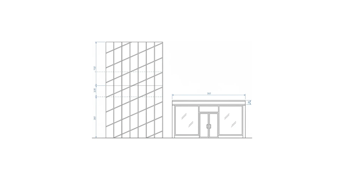 Architectural line drawing comparing a multi-story curtain wall facade with a ground-floor storefront system.