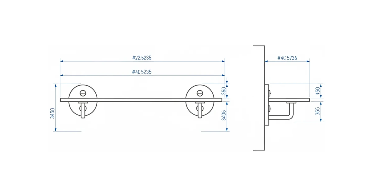 Architectural line drawing of a wall-mounted glass shelf on metal brackets with an edge detail.