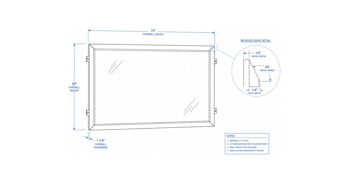 Architectural line drawing of a large custom wall mirror with dimension ticks and a beveled edge detail.