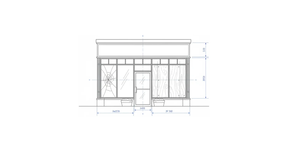 Architectural line drawing of a storefront with a broken pane being temporarily boarded up before replacement.