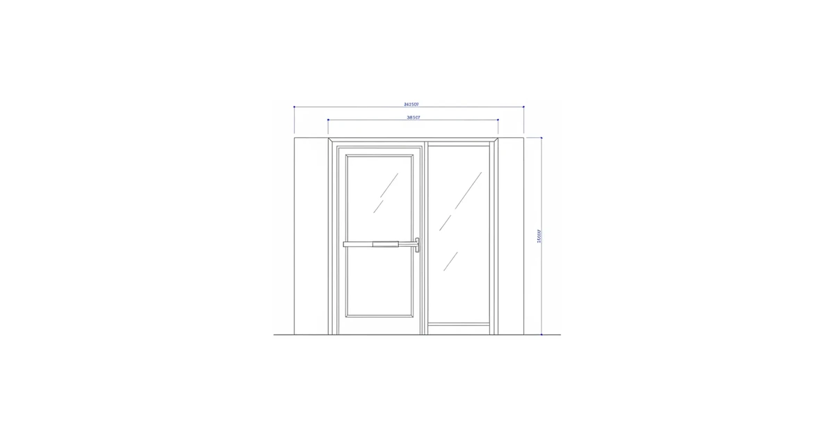 Architectural line drawing of a fire-rated glass door and sidelite in a corridor opening.
