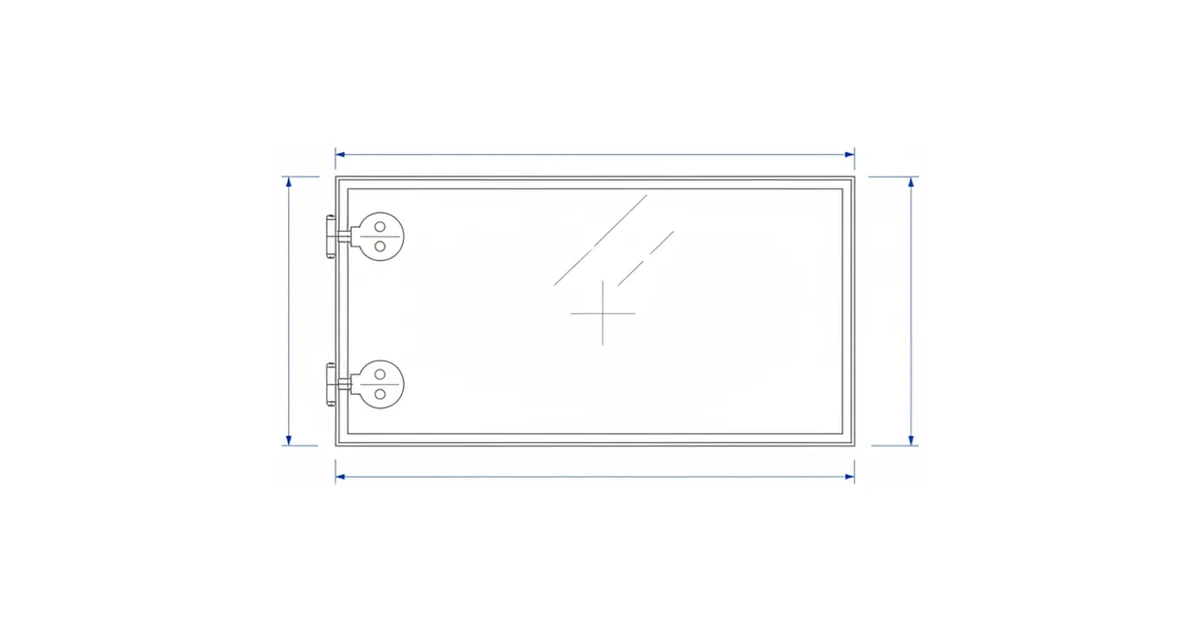 Architectural line drawing of a fireplace glass door panel and frame.