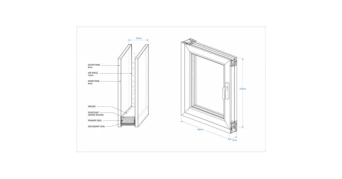 Architectural sketch cross-section of a failed foggy double-pane insulated glass unit, Capital Glazing Sacramento.
