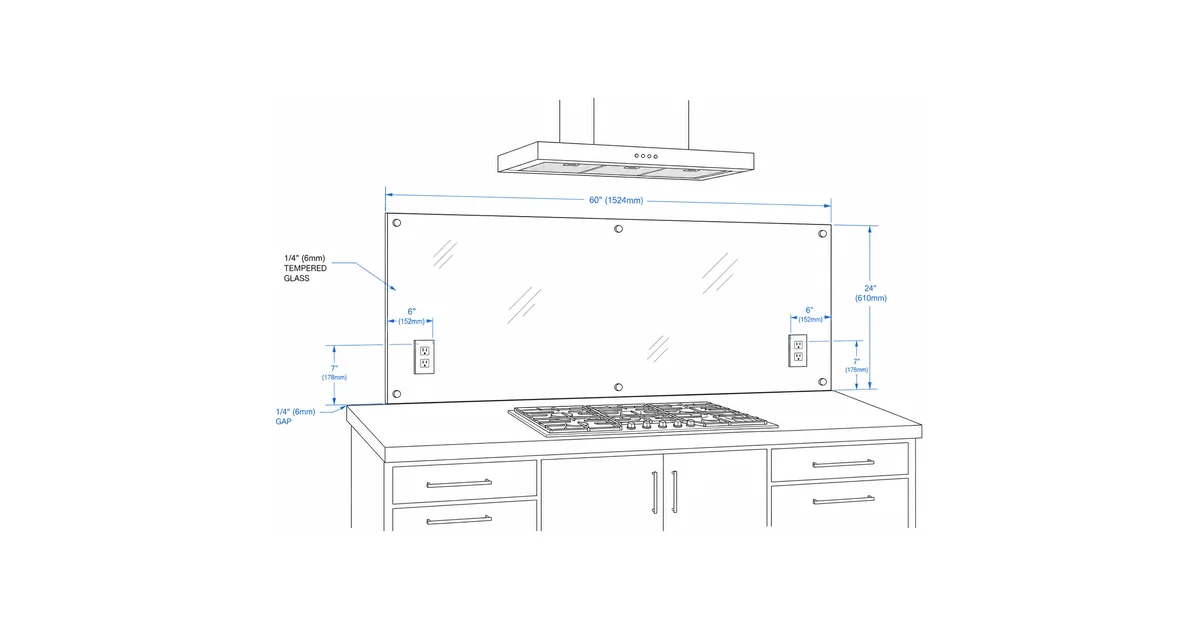 Architectural line drawing of a back-painted glass kitchen backsplash panel above a counter.