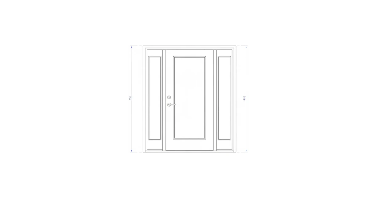 Architectural line drawing of a residential entry door with a glass insert and sidelites.