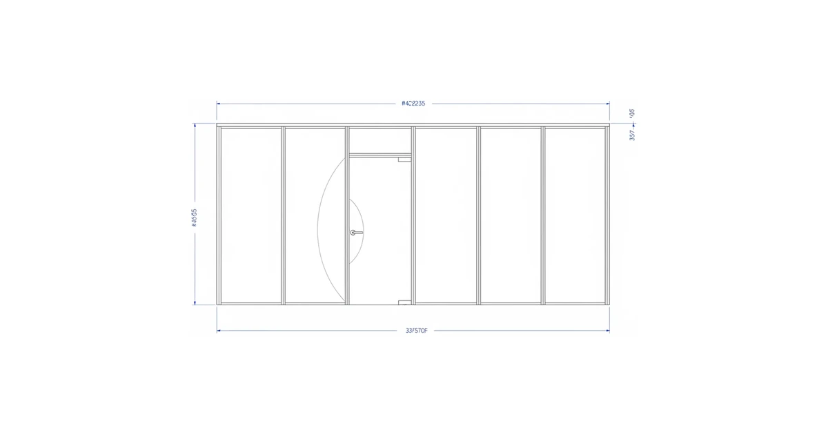 Architectural elevation line drawing of a framed glass office partition wall with a glass door.