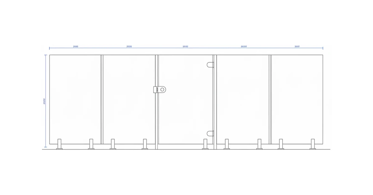 Architectural line drawing of a frameless glass pool fence with spigots and a self-latching gate.