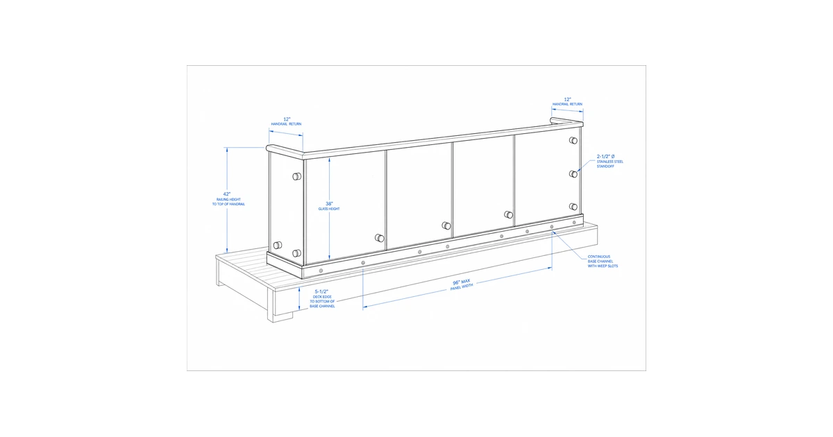 Architectural line-drawing sketch of a frameless glass deck railing system with standoffs and a top rail.