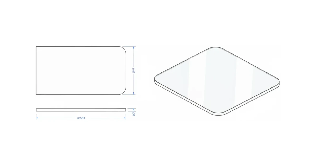 Architectural line drawing of a rectangular glass table top with a polished edge detail and corner radius.