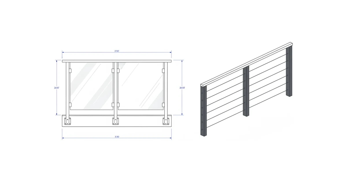 Architectural line drawing comparing a glass panel railing and a cable railing on a deck.