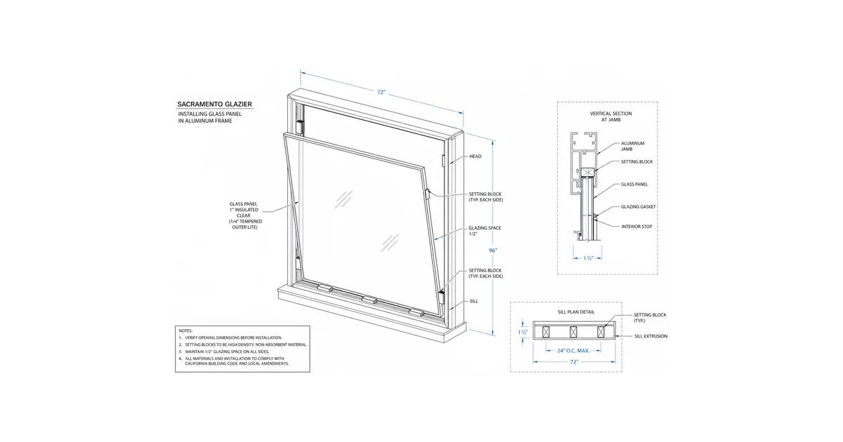 Architectural line drawing of a glazier setting a large glass pane into a storefront frame.