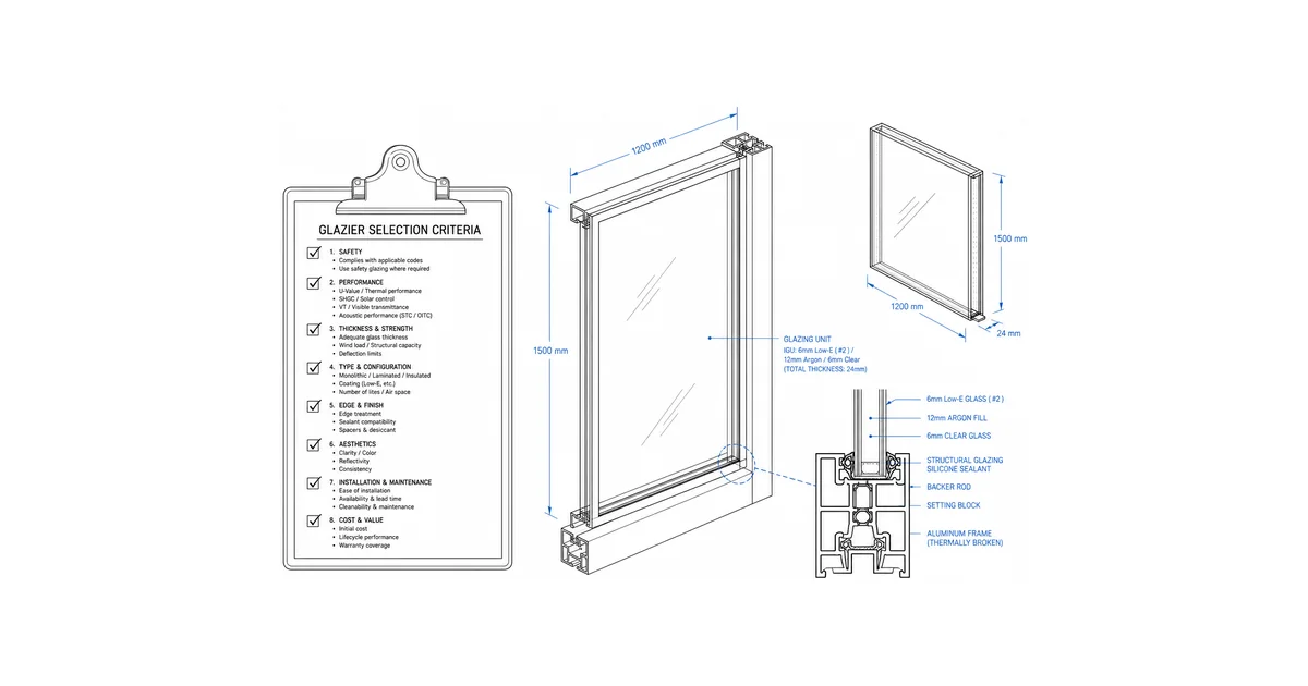 Architectural line drawing of a clipboard checklist for vetting a glazing contractor.