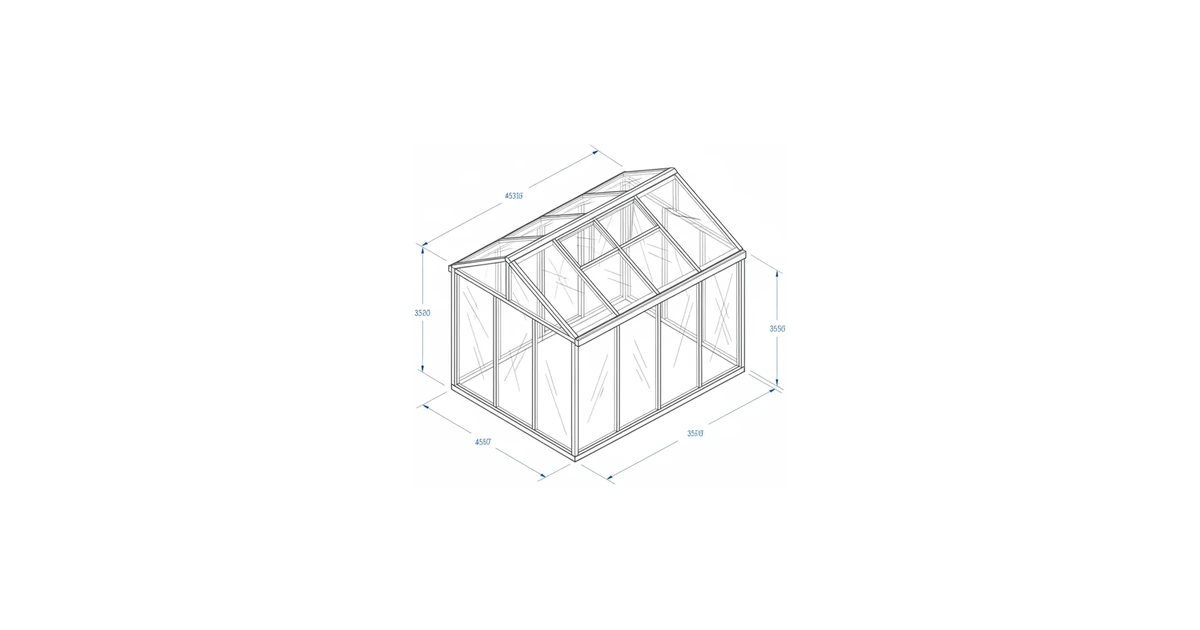 Architectural line drawing of a sunroom enclosure with glass walls and a glass roof.