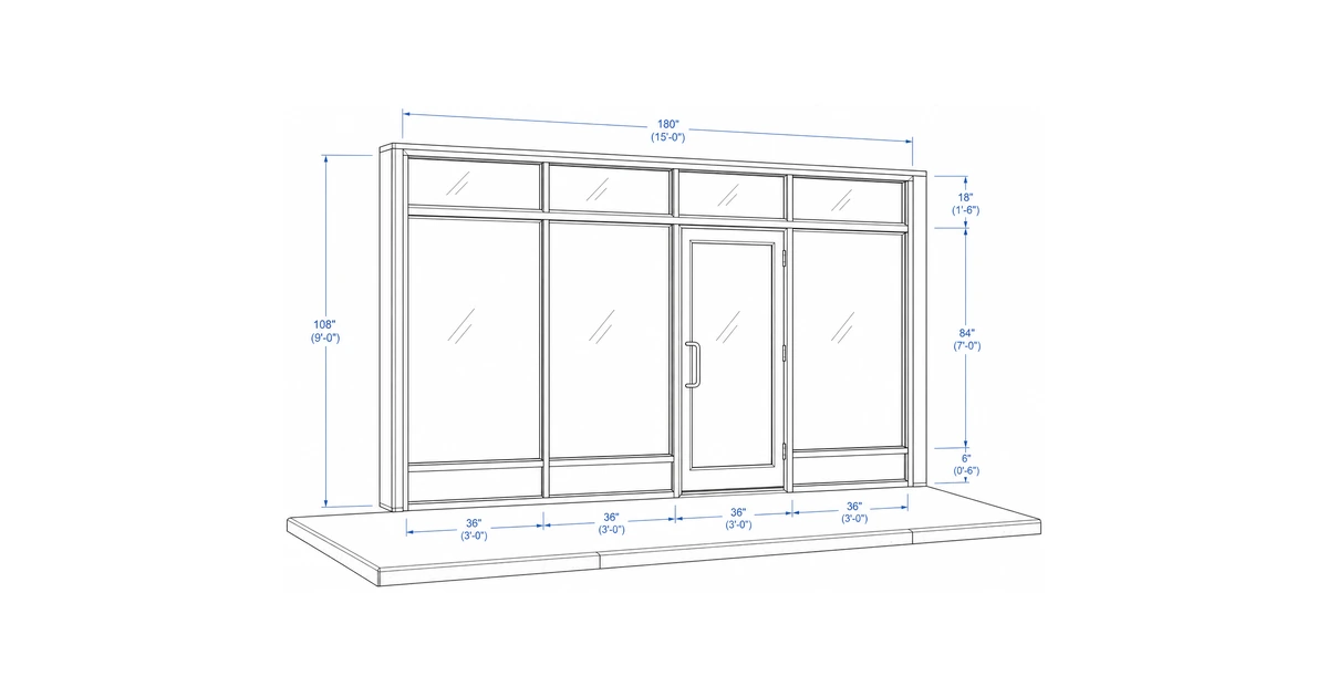 Architectural line-drawing sketch of a commercial aluminum-framed glass storefront system with display panels and a glass entry door.