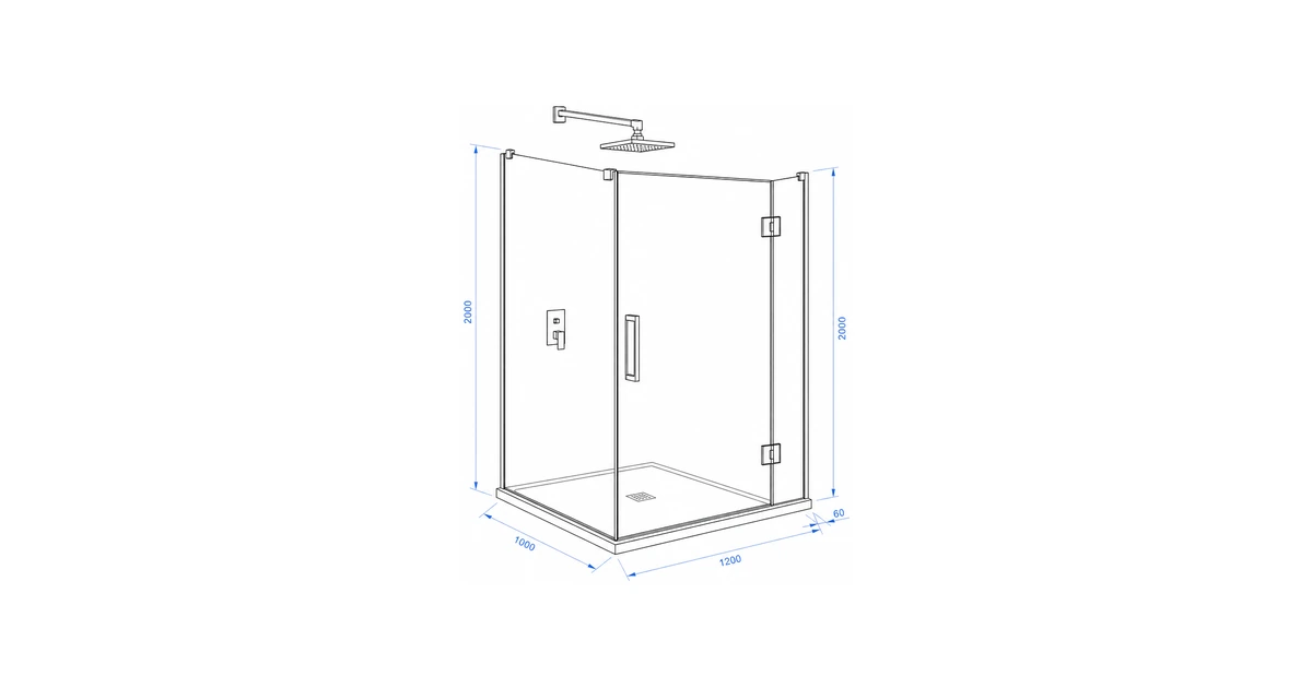 Architectural line drawing of a frameless glass shower enclosure with hardware.