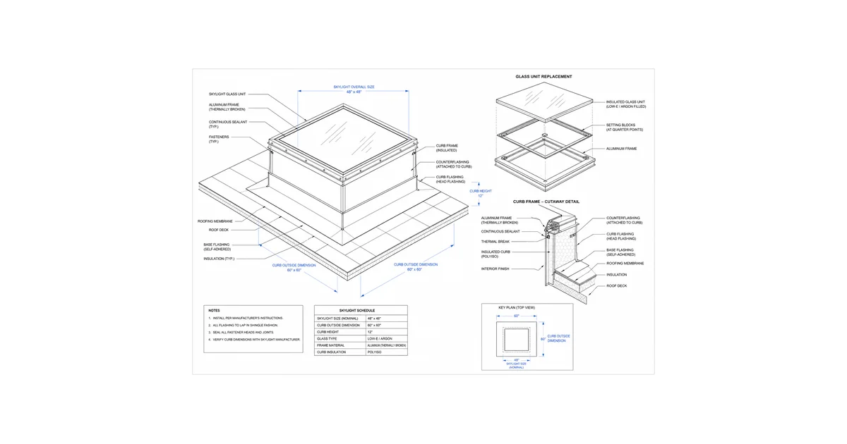 Architectural cross-section line drawing of a curb-mounted skylight with insulated glass.