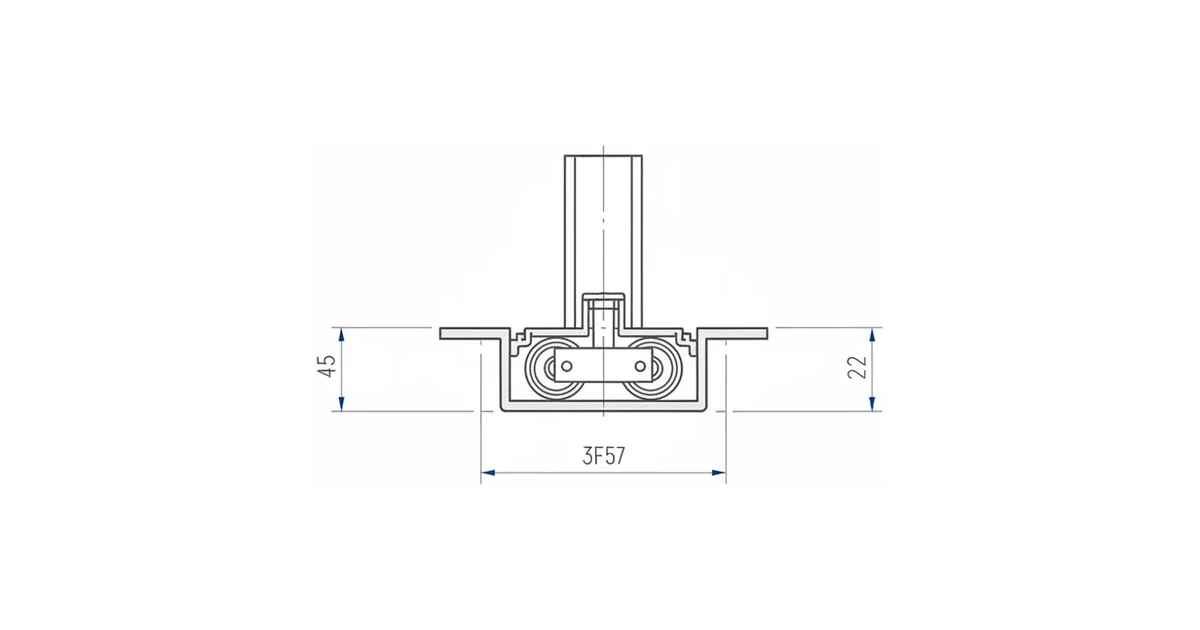 Architectural detail line drawing of a sliding glass patio door track and roller assembly.