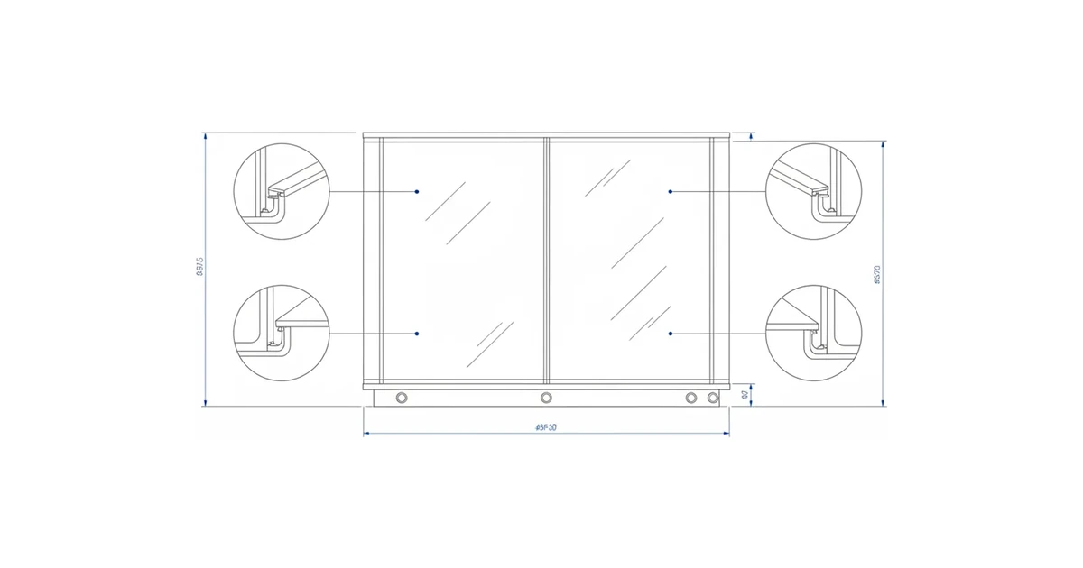 Architectural line drawing of a storefront glass facade with maintenance detail callouts on gaskets and weeps.