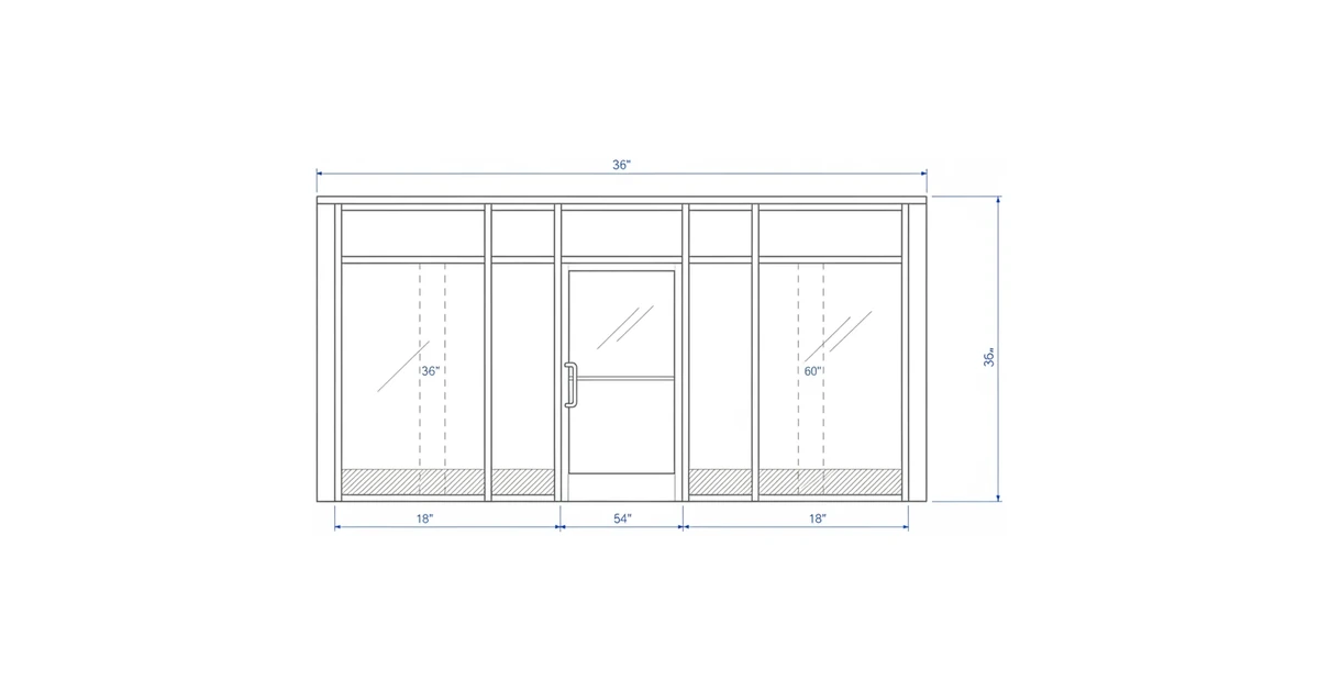 Architectural elevation sketch of a storefront door with the California safety-glazing hazardous-location zones highlighted in coral