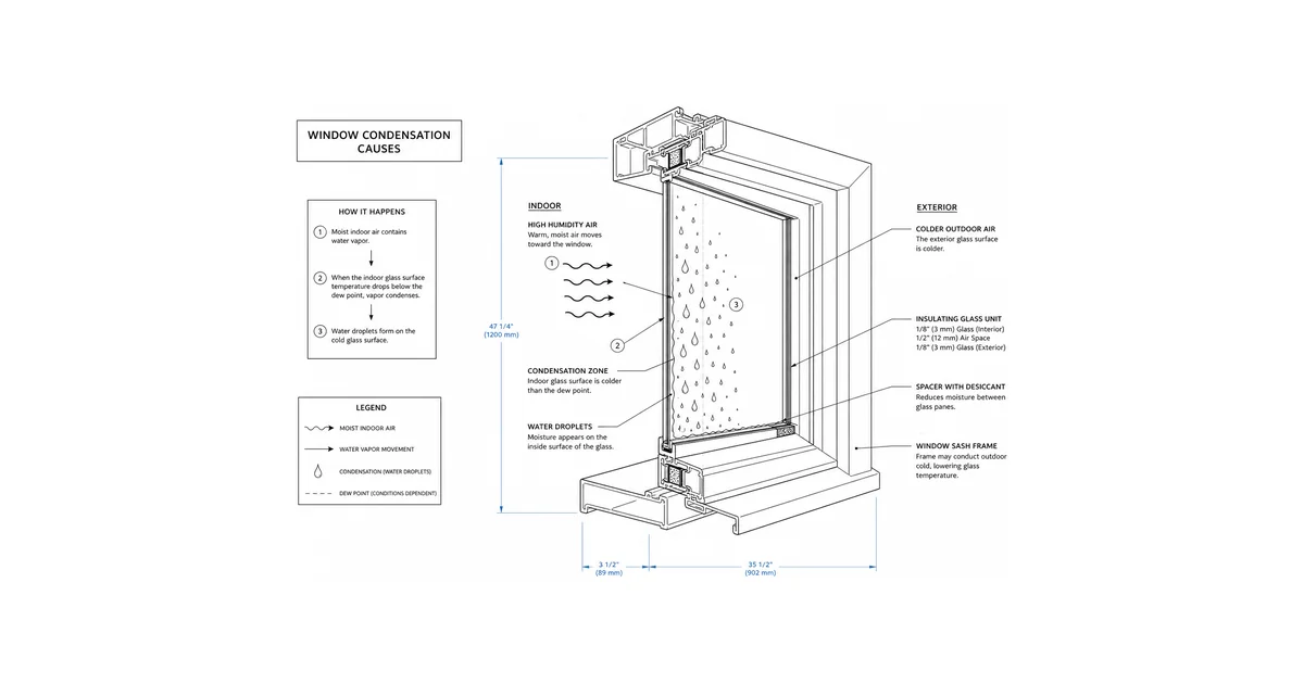 Architectural diagram line drawing showing condensation on the interior, exterior, and between window panes.