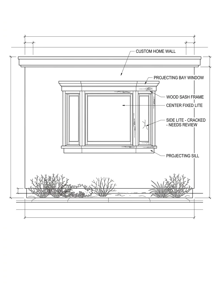 Planning schematic of an older single-story custom home wall with a three-lite projecting bay window made of one wide center fixed lite and two narrow angled side lites in a painted wood sash, a cracked right side lite flagged for review and dimension callouts.