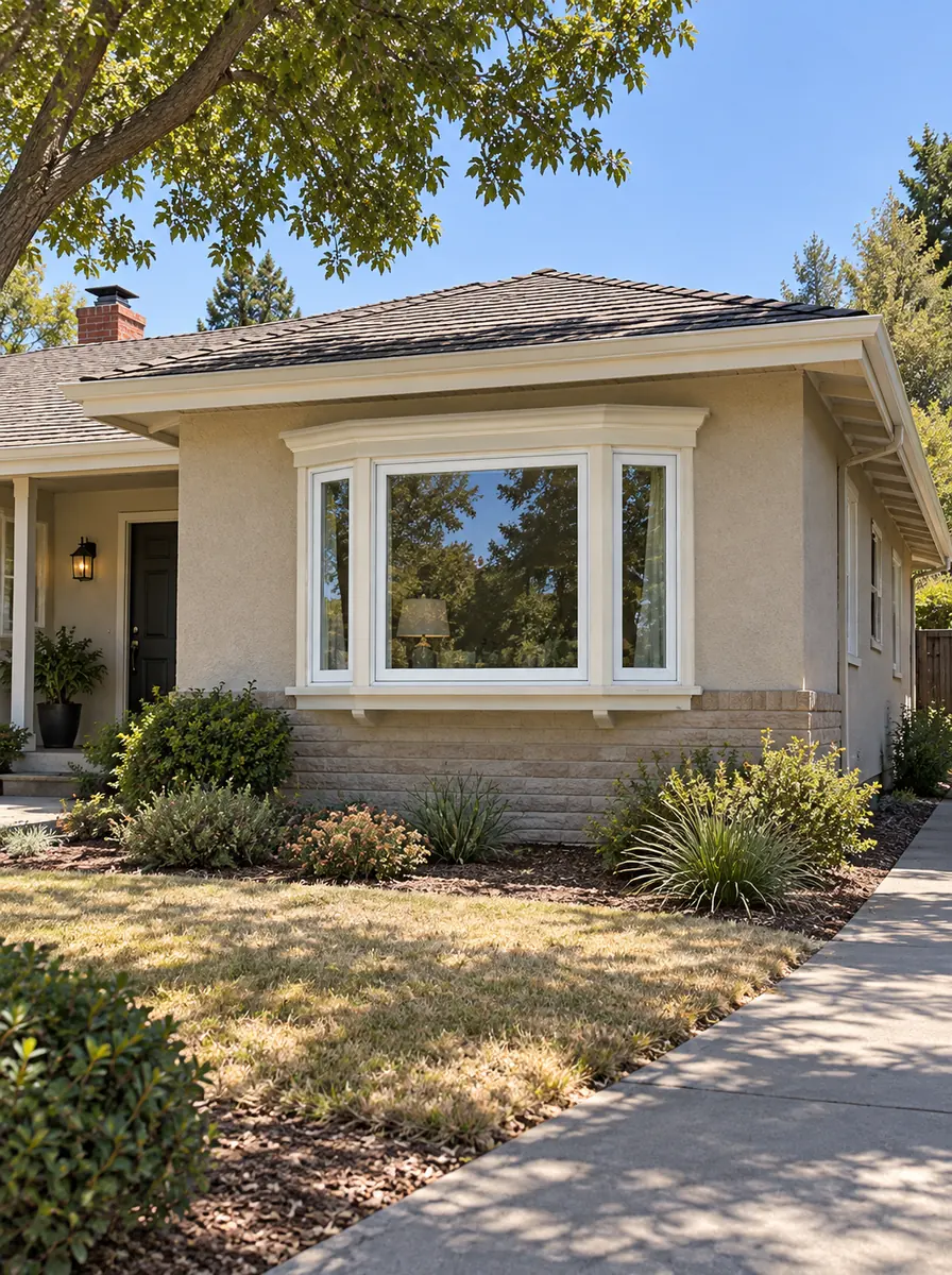 Planning illustration of a complete older single-story custom home in a three-quarter front view with clear glass in the featured three-lite projecting bay window and a freshly painted light wood sash.