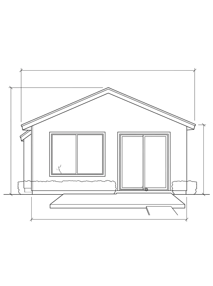 Planning schematic of a complete older single-story ranch house with a cracked lite in the two-lite fixed window, an adjacent two-panel sliding patio door with a worn track, and dimension callouts.