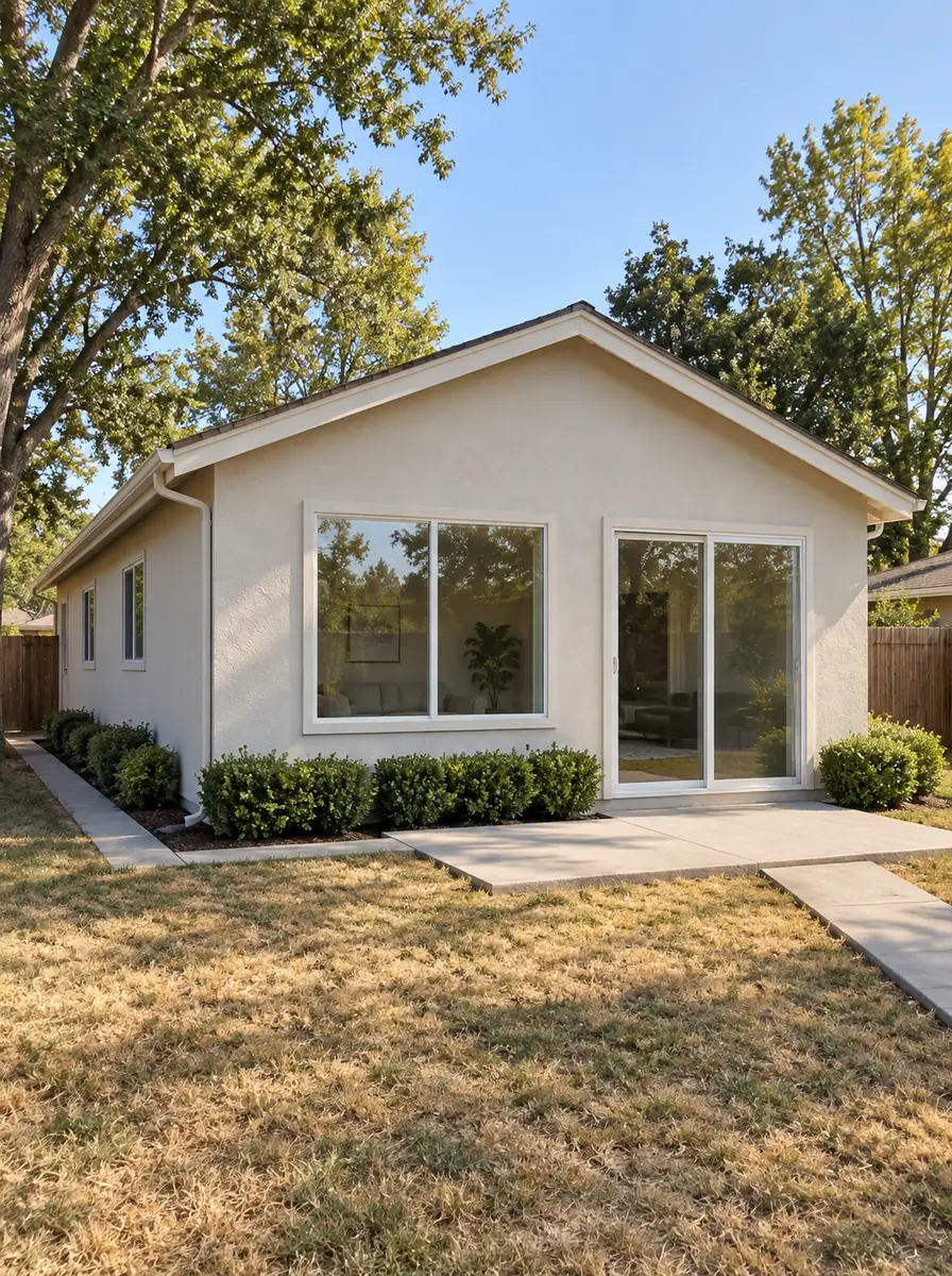 Planning illustration of the same complete older single-story ranch house with clear glass in the two-lite fixed window and the two-panel sliding patio door in the same light-colored frames.