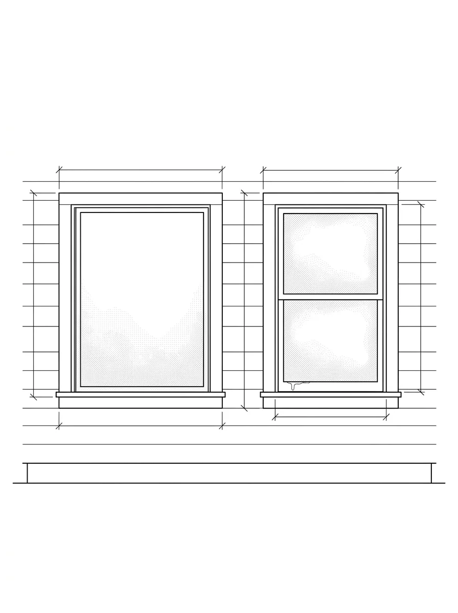 Planning schematic of a single-story ranch-style home front wall with a wide fixed picture window on the left and a double-hung window on the right, both sealed double-pane insulated glass units drawn with a soft failed-seal haze between the panes and one moisture streak at the lower sill, with dimension callouts.