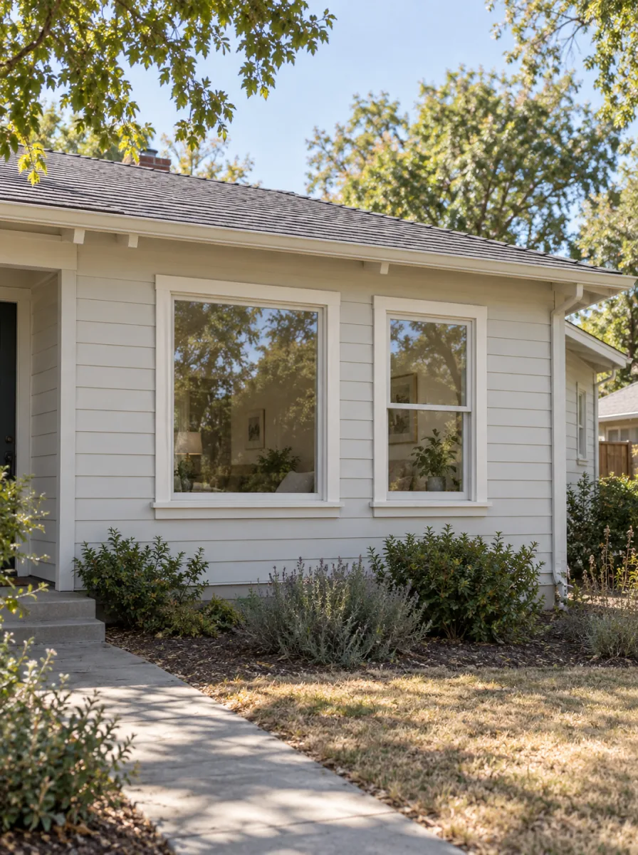 Planning illustration of the same complete older single-story ranch house in a three-quarter front view, with clean clear sealed insulated glass in the wide fixed picture window and the narrower double-hung window in matching light-painted frames.