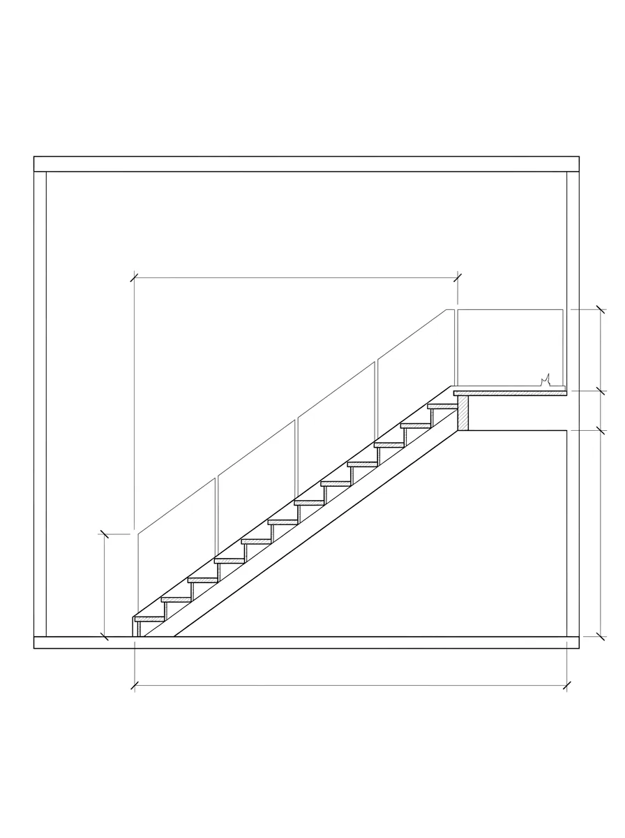Planning schematic section-elevation of a custom-home interior open stair rising to an upper landing edge along a plain wall, with a continuous existing frameless clear glass guard run along the edge and a small chip on the upper landing panel flagged for review.