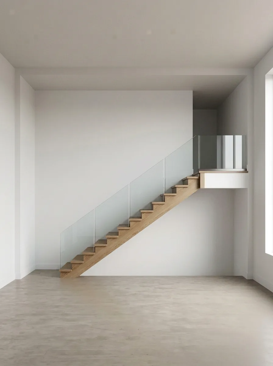 Planning illustration of the same custom-home interior stair and upper landing edge with the same continuous frameless glass guard run renewed in clean, undamaged clear tempered glass panels.