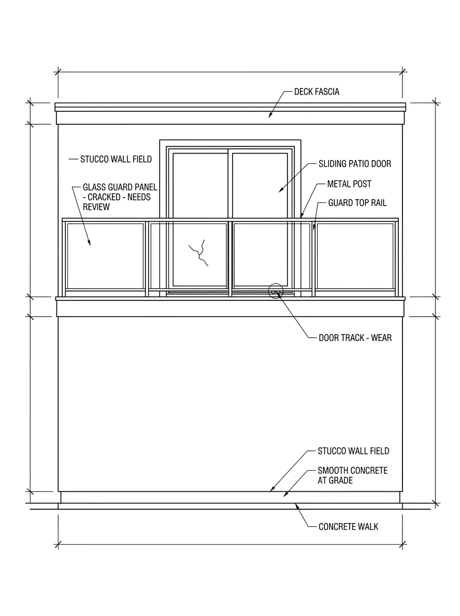 Planning schematic of a two-story suburban house wall with an upper-level four-panel glass guard railing on slim metal posts in front of a sliding patio door, a cracked guard panel and a worn door track flagged for review, and blank dimension callouts.