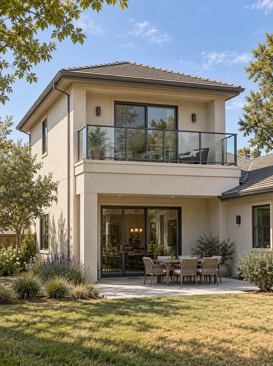 Planning illustration of a complete two-story suburban home in a three-quarter rear view with clear glass in the upper balcony guard panels and in the two-panel sliding patio door behind them.