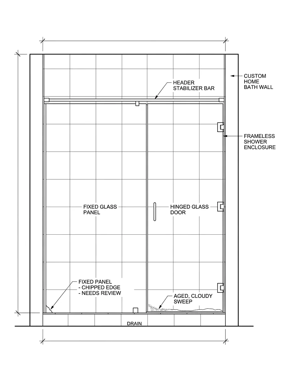 Planning schematic of a custom-home bathroom wall with a two-part frameless shower enclosure: a wider fixed glass panel on the left and a narrower hinged glass door on the right under one header stabilizer bar, a chipped lower edge on the fixed panel flagged for review and dimension callouts.