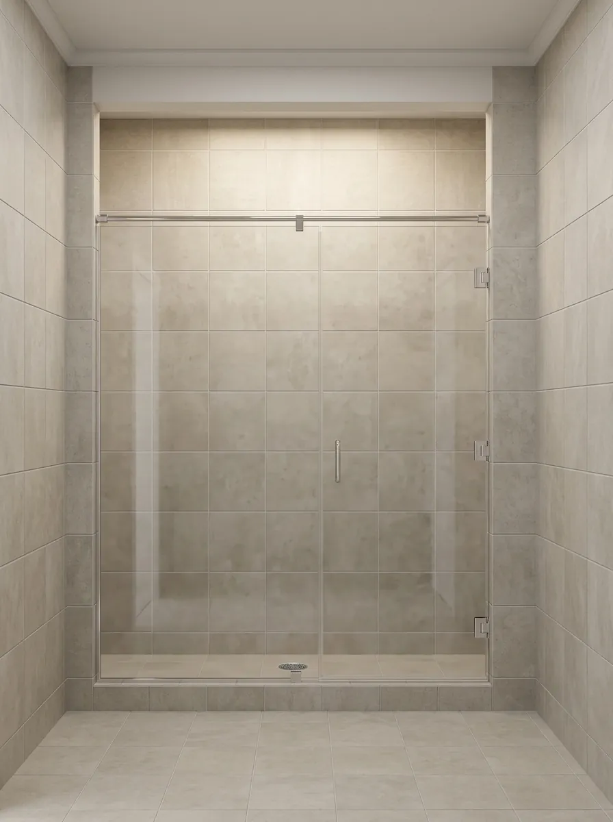 Planning illustration of the same custom-home bathroom wall with clean clear glass in the frameless shower enclosure, the fixed panel and hinged door in polished chrome hardware under the same header stabilizer bar.