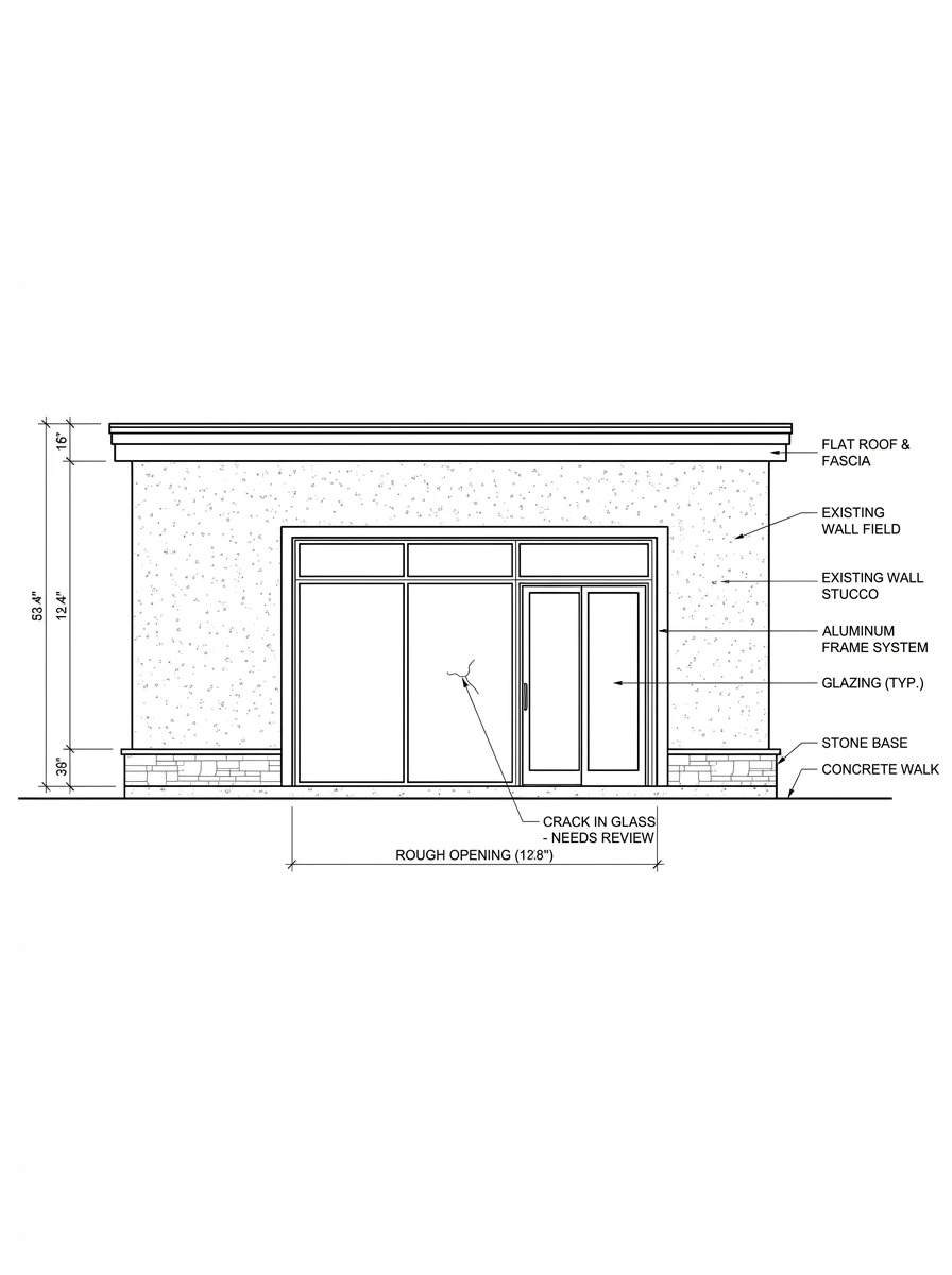 Planning schematic of a one-story building elevation with one large glazed opening under a continuous transom band, divided into broad fixed lites, a narrow glazed door bay, and a narrow fixed sidelite, with one pane flagged for review and dimension callouts.