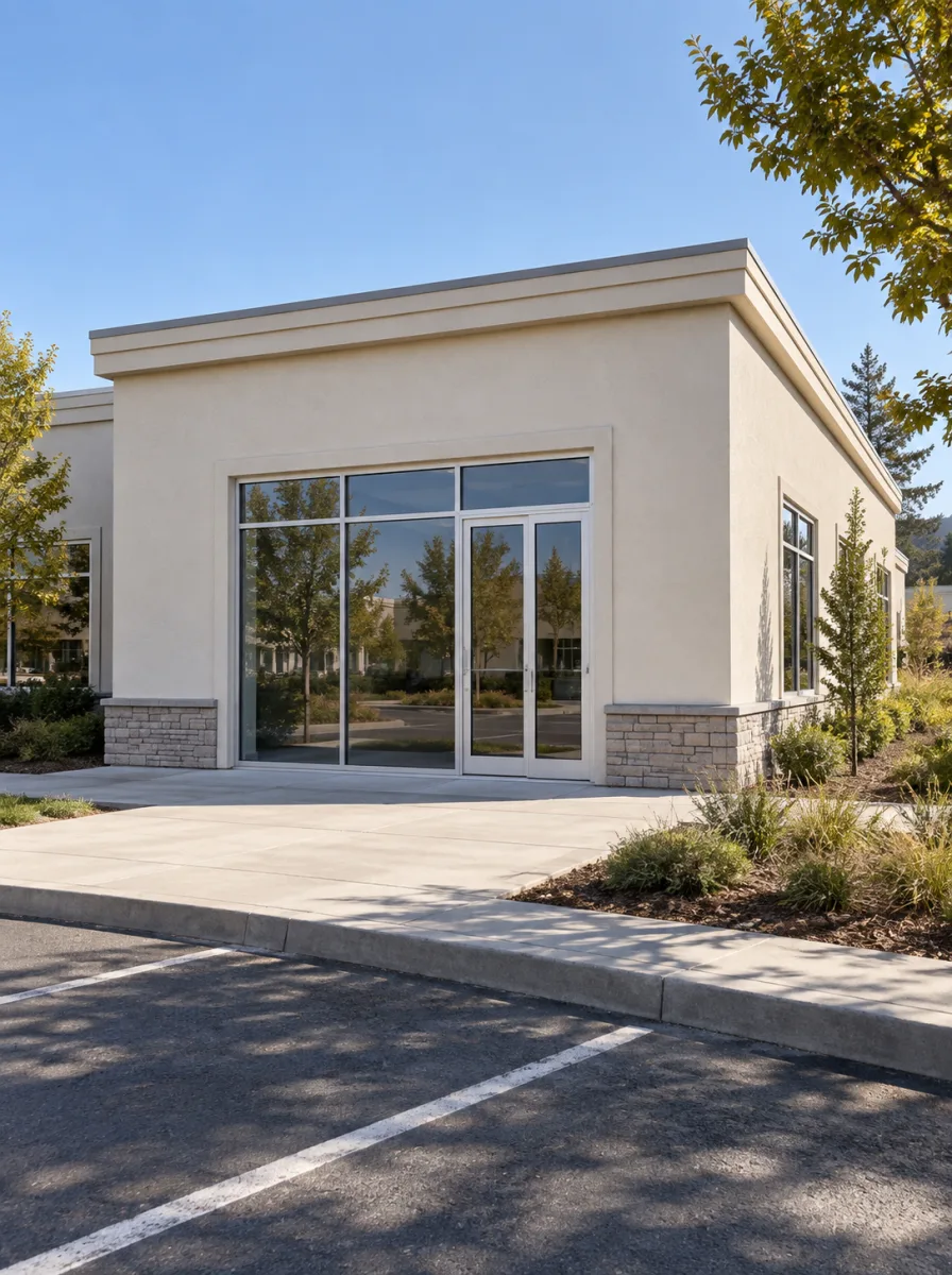 Planning illustration of the same one-story building elevation shown as a complete stucco facade with its side return, clear glass in a slim light aluminum system across three transom lites, two broad fixed lites, a glazed door, and a narrow fixed sidelite.