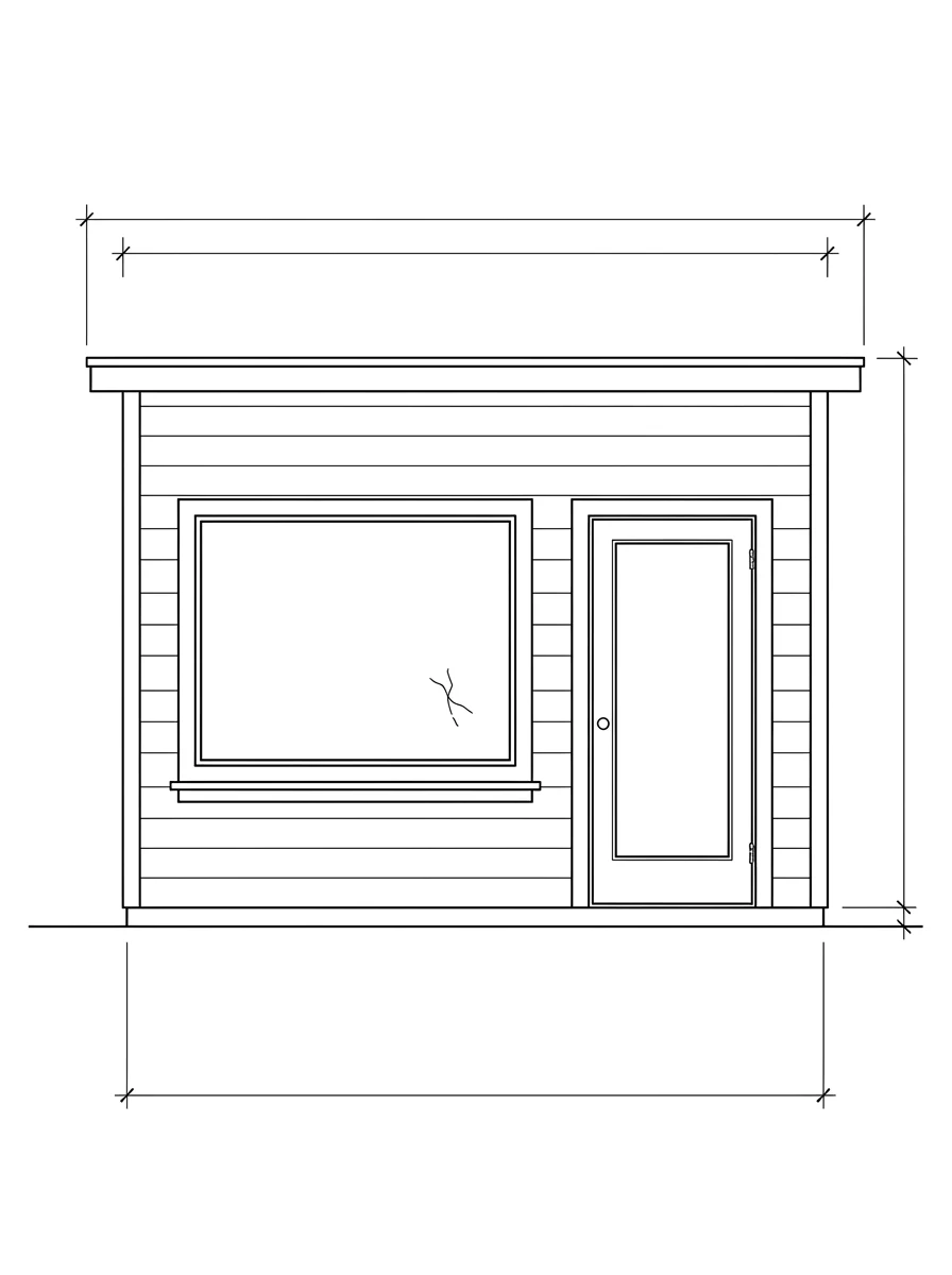 Planning schematic of a detached single-story lap-siding shop wall on a larger lot with a wide single-lite fixed window on the left and a full-lite glazed entry door on the right in plain painted wood frames, with a cracked fixed window lite flagged for review.