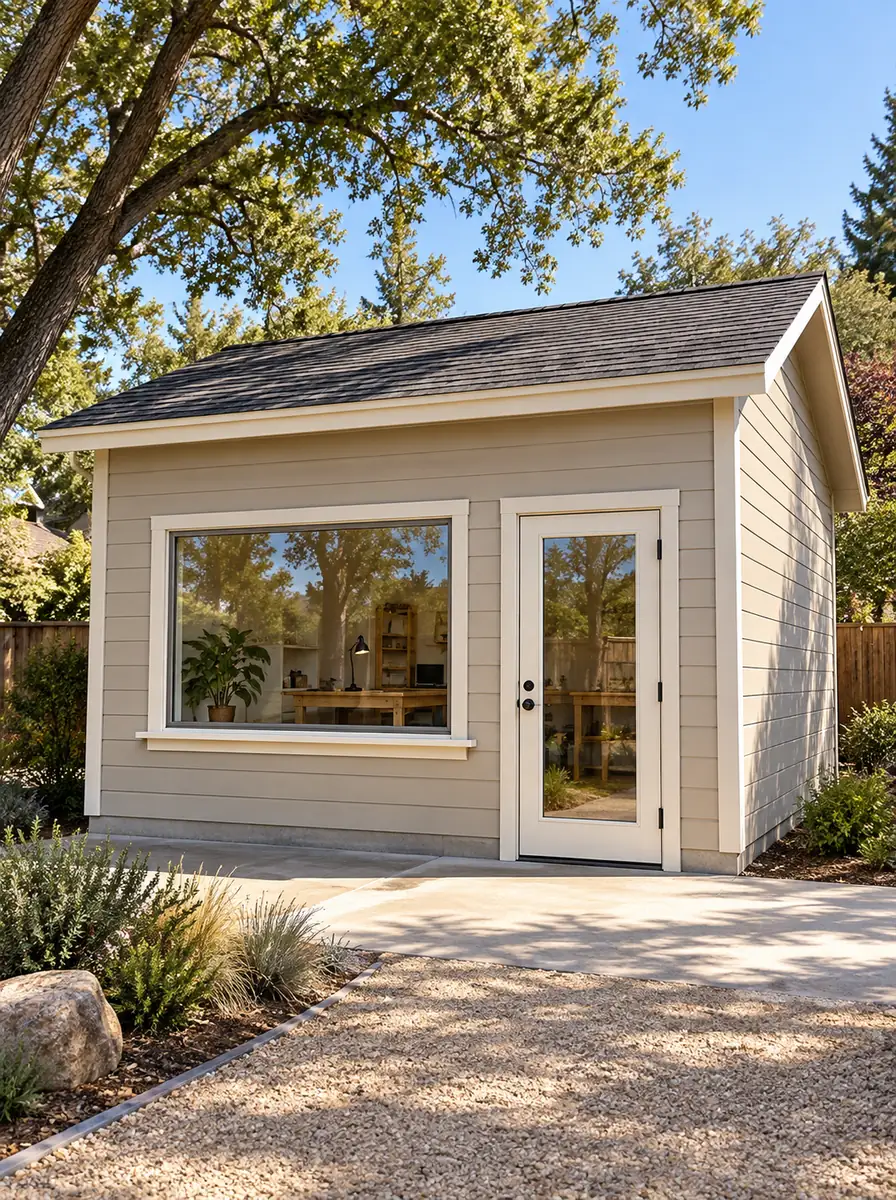Planning illustration of a complete detached single-story workshop on an established residential lot in a three-quarter front view, with clean clear glass in a wide fixed shop window and a full-lite glazed entry door in plain light painted wood frames.