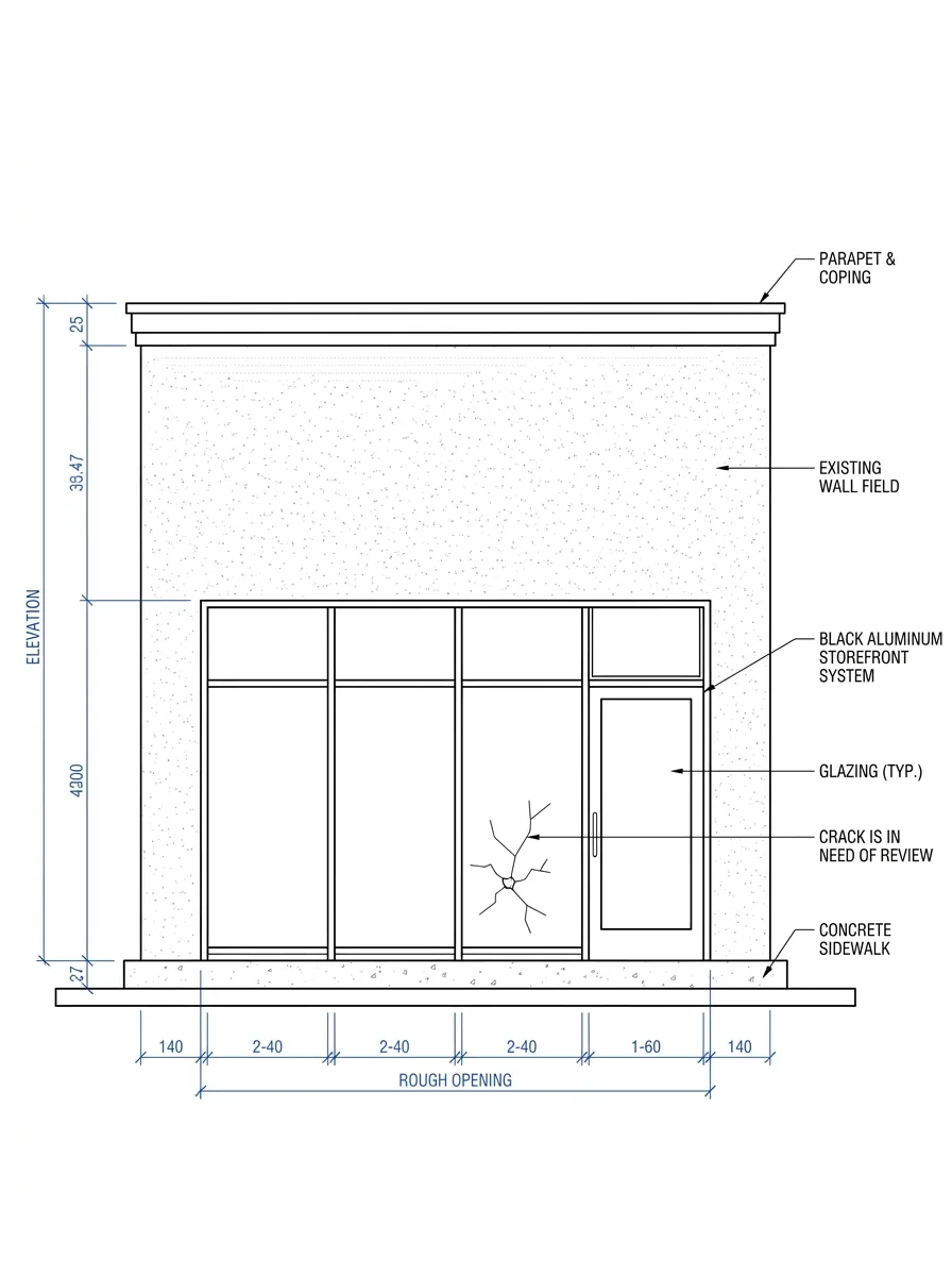 Planning schematic of a single-story neutral commercial building elevation with a cracked ground-floor storefront pane flagged for review and dimension callouts.