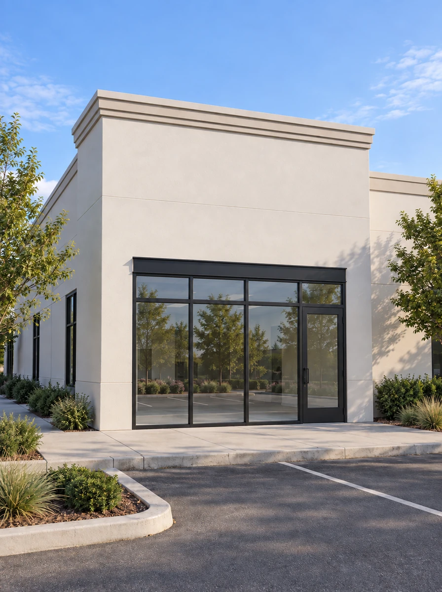 Planning illustration of a complete single-story commercial building in a three-quarter view with clear replacement glass in the black aluminum storefront.