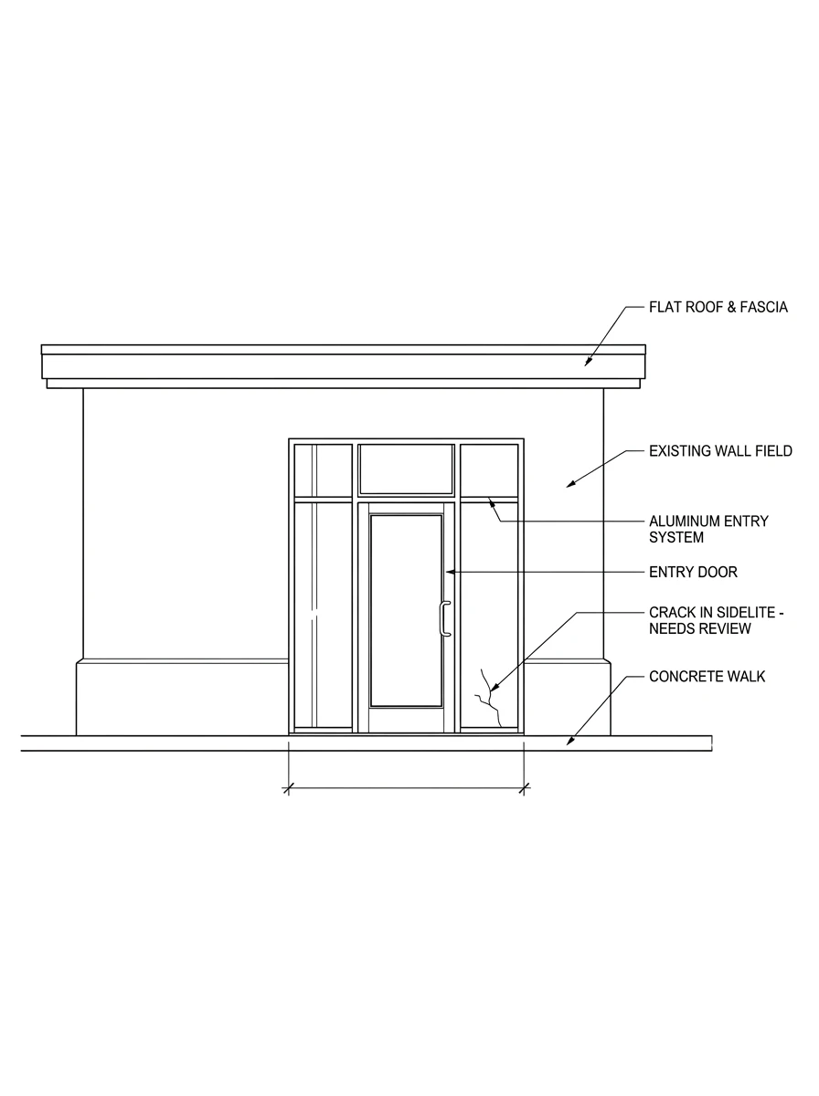 Planning schematic of a single-story medical office suite elevation with a centered glazed entry door, one narrow fixed sidelite on each side, a continuous transom band above, a cracked right sidelite flagged for review, and dimension callouts.