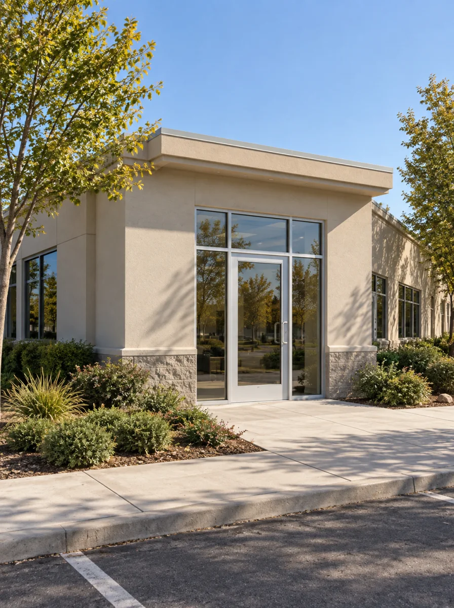 Planning illustration of a complete one-story medical office building in a three-quarter view with a full parapet roofline and a light aluminum glazed entry.