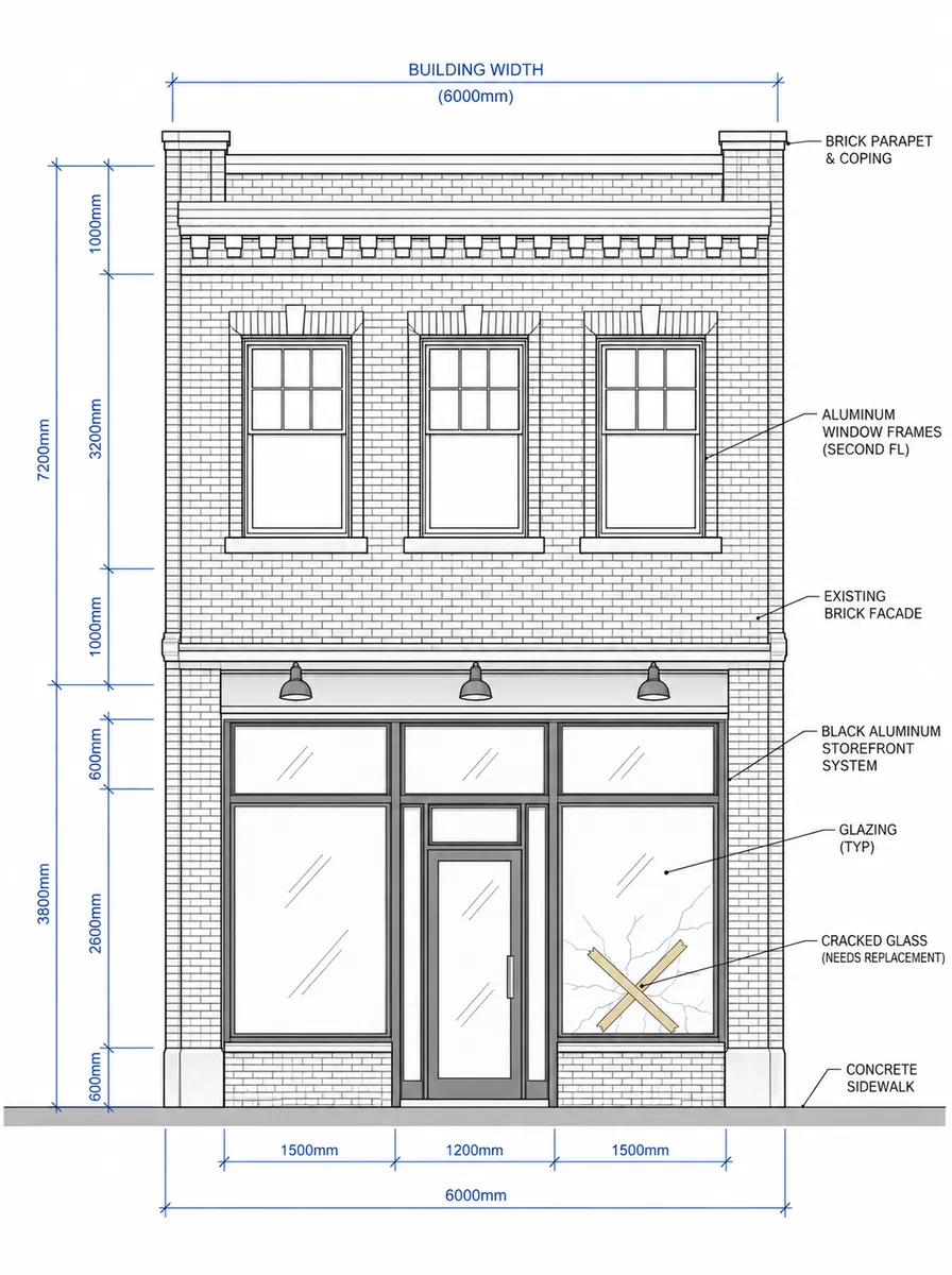Planning schematic of a two-story brick storefront elevation with a cracked ground-floor glass pane flagged for review and dimension callouts.