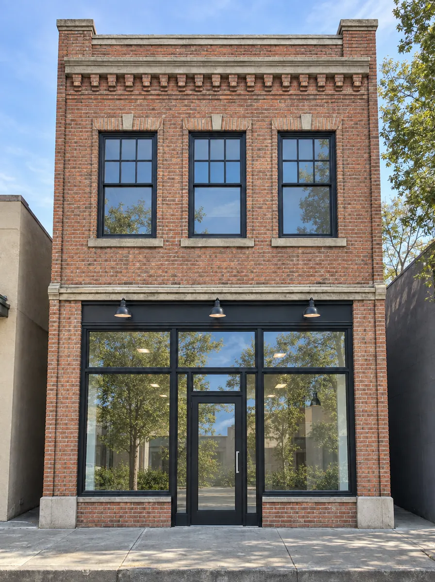 Planning illustration of the same two-story brick storefront with clear replacement glass in a black aluminum system.