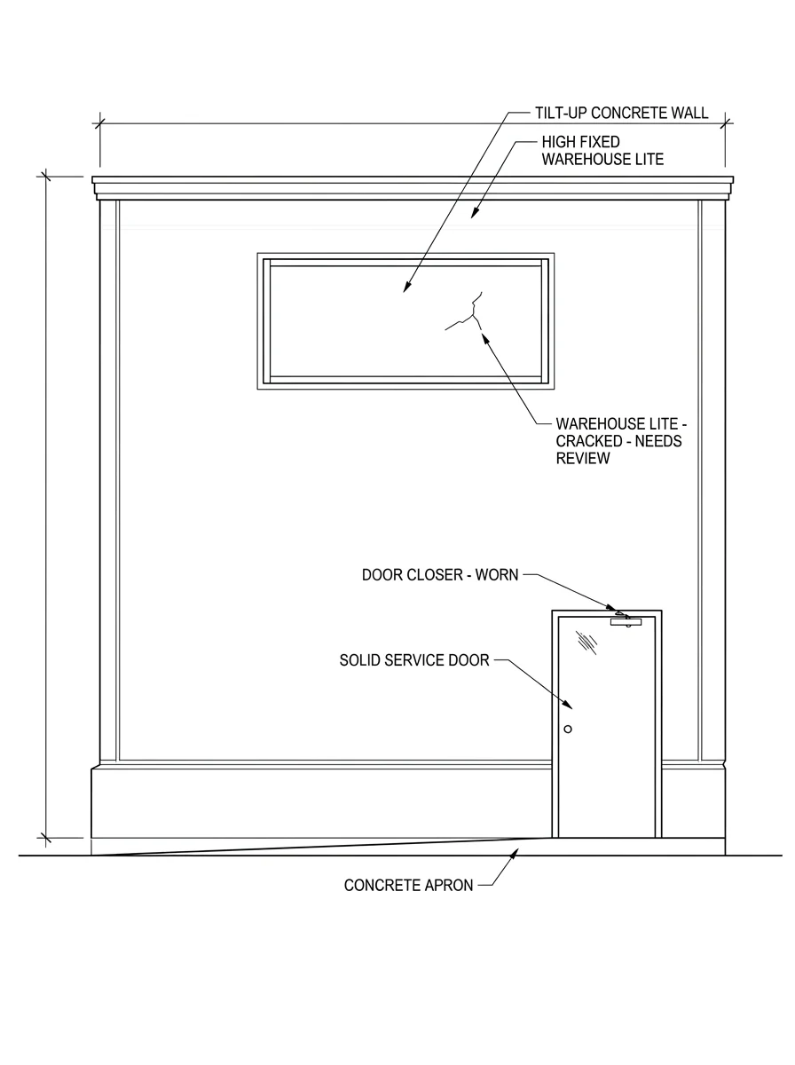 Planning schematic of a single-story tilt-up concrete warehouse wall with one large high fixed warehouse lite carrying a drawn crack flagged for review, a solid service door with a worn closer at the top, and dimension callouts.